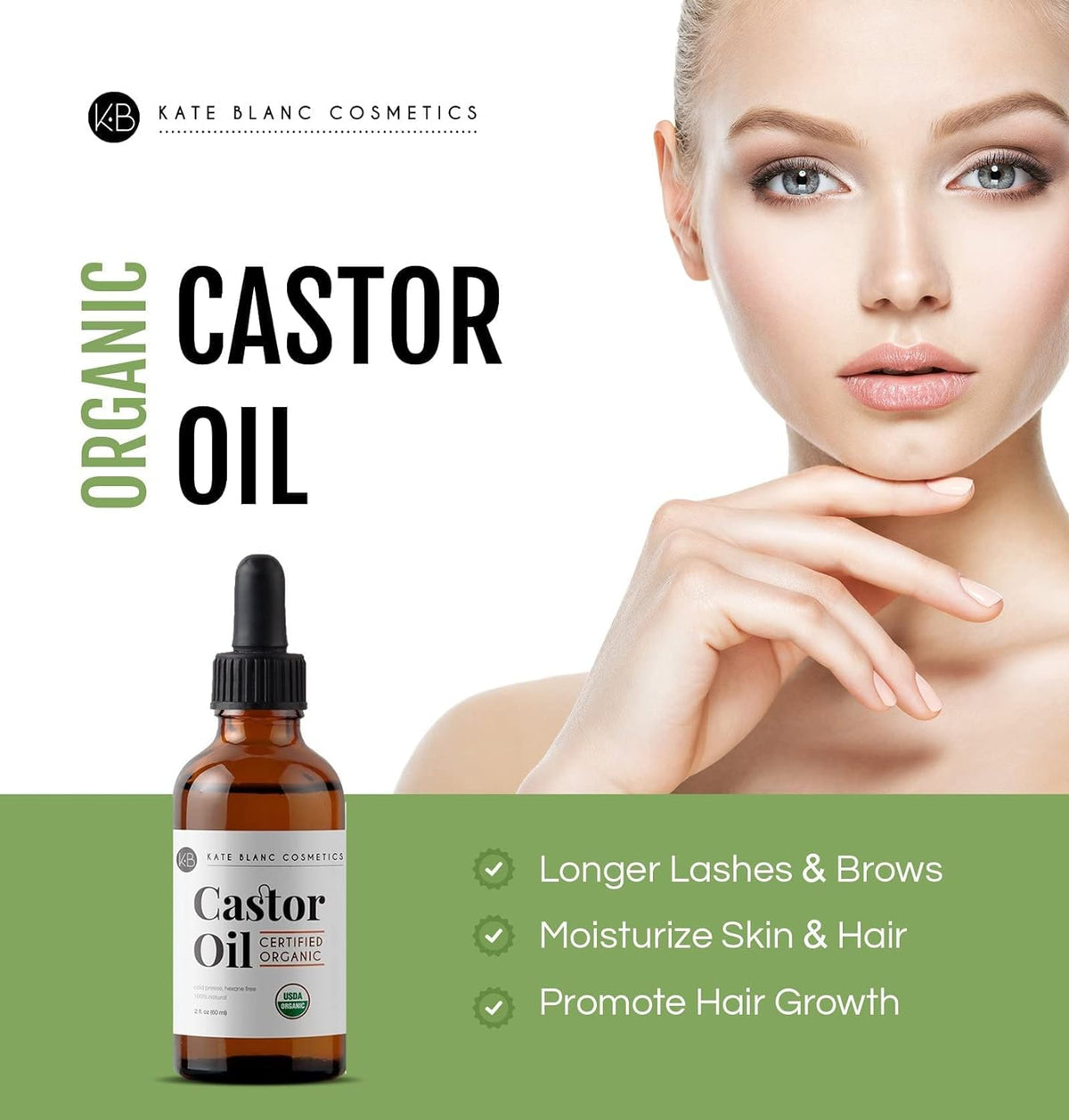 Castor Oil (2oz), USDA Certified Organic, 100% Pure, Cold Pressed, Hexane Free by Kate Blanc. Stimulate Growth for Eyelashes, Eyebrows, Hair. Skin Moisturizer