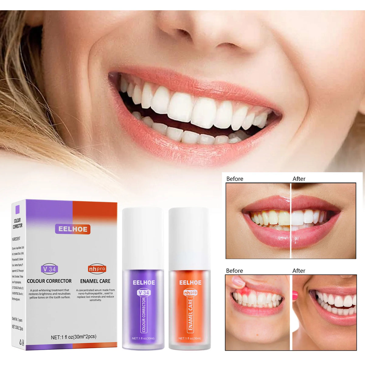 V34 Colour Corrector Teeth Effective Whitening Toothpaste Mousse Oral Cleaning Repair Fresh Breath Herbal Remove Stain Sensitive