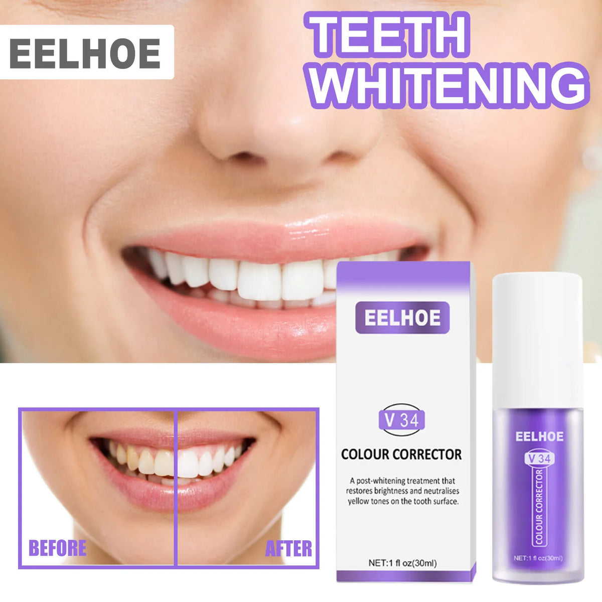 V34 Colour Corrector Teeth Effective Whitening Toothpaste Mousse Oral Cleaning Repair Fresh Breath Herbal Remove Stain Sensitive