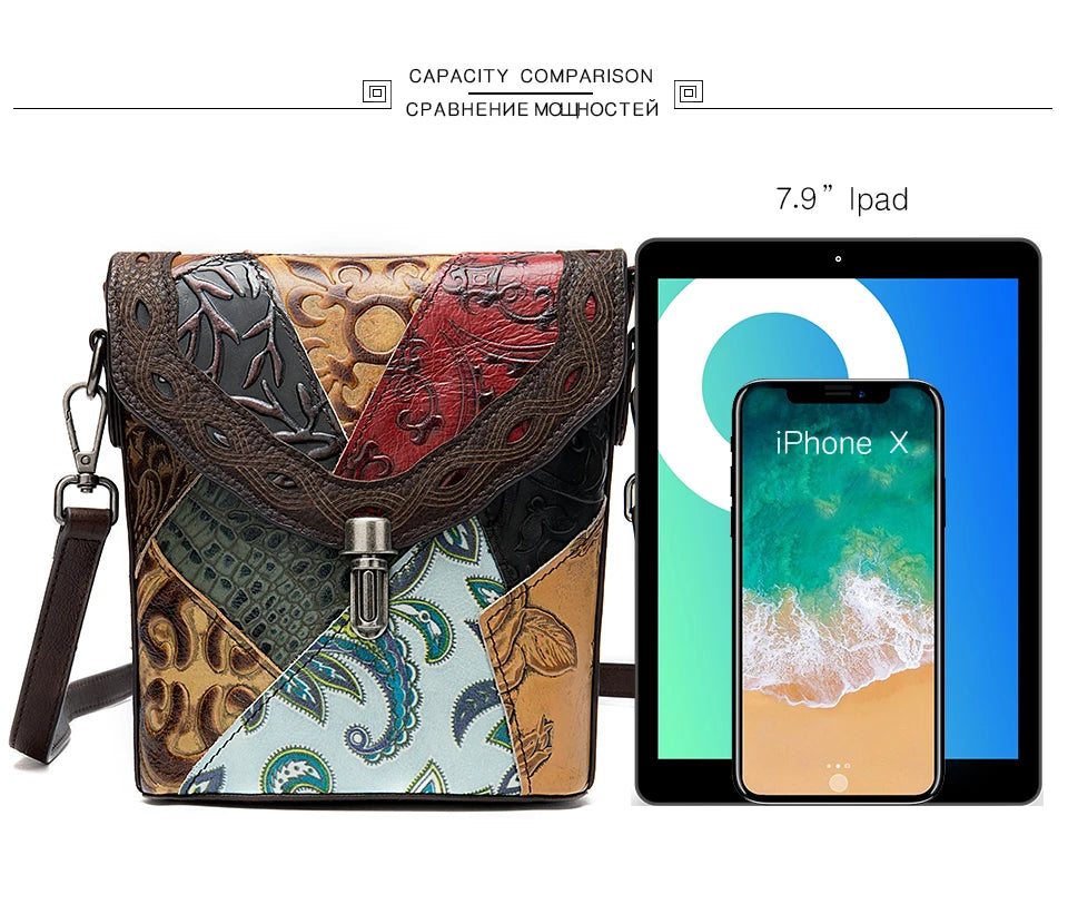 MAHEU Fashionable Women Shoulder Bag Ethnic Style Genuine Leather Crossbody Bags of Female Ladies Patchwork Leather Sling Bag