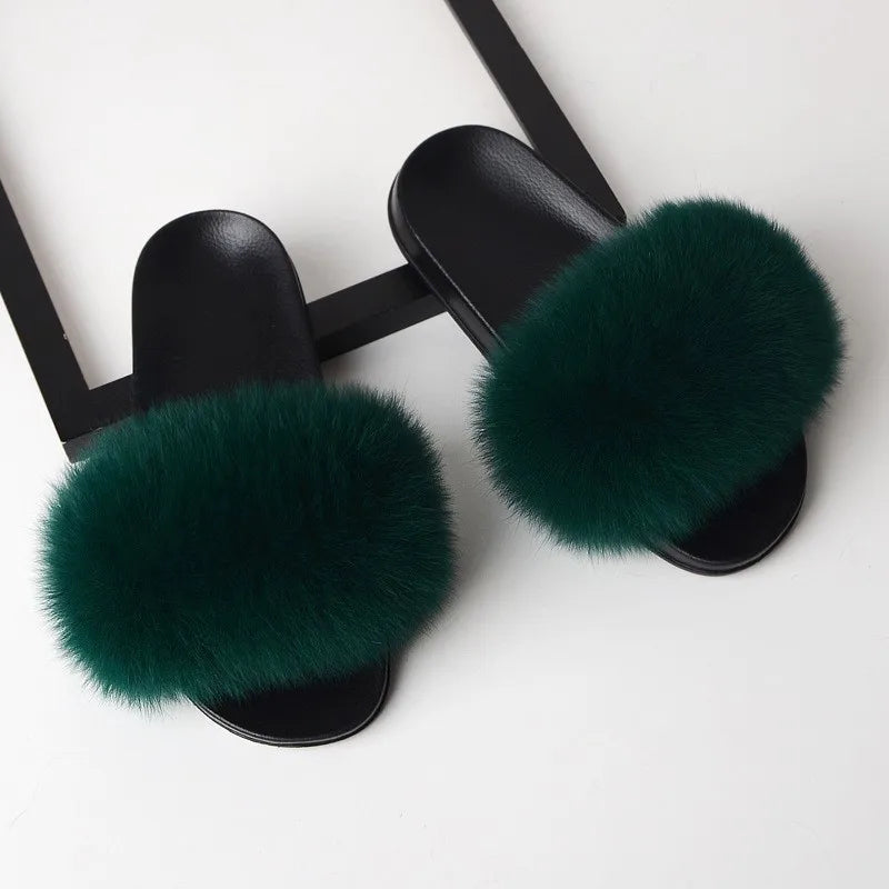 SARSALLYA Fur Slippers Women Real Fox Fur Slides Home Furry Flat Sandals Female Cute Fluffy House Shoes Woman Brand Luxury 2024