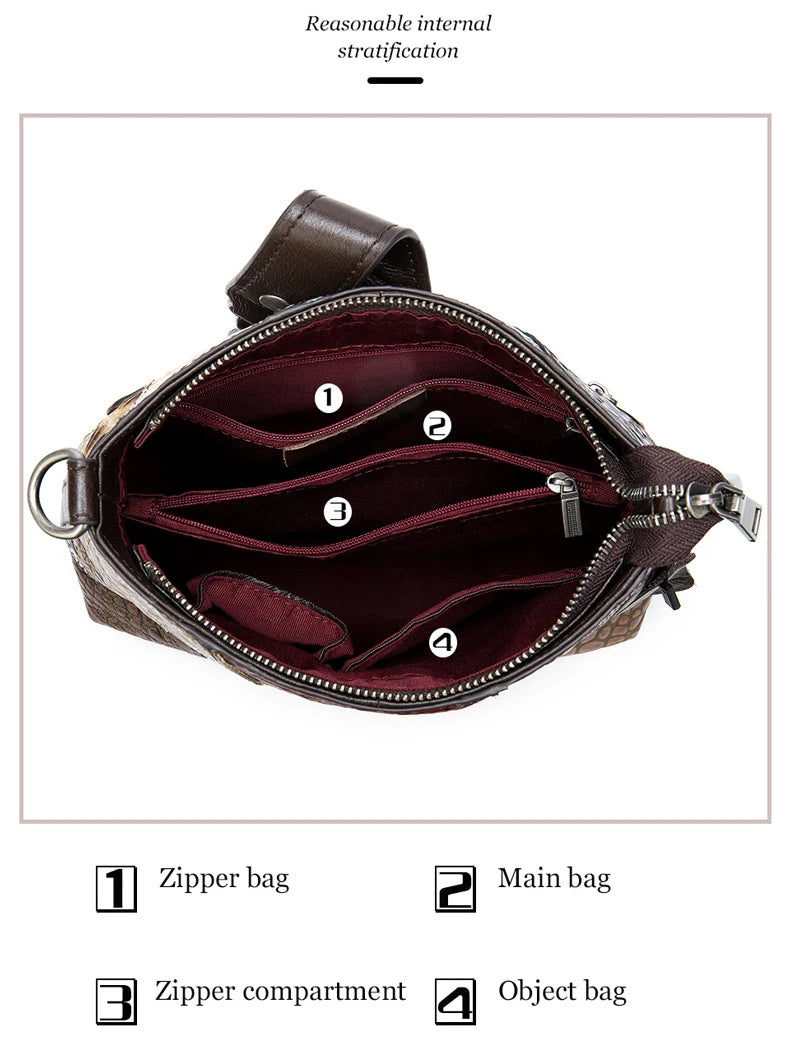MAHEU Fashionable Women Shoulder Bag Ethnic Style Genuine Leather Crossbody Bags of Female Ladies Patchwork Leather Sling Bag