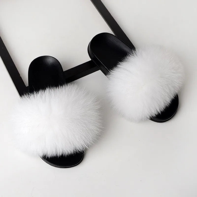 SARSALLYA Fur Slippers Women Real Fox Fur Slides Home Furry Flat Sandals Female Cute Fluffy House Shoes Woman Brand Luxury 2024