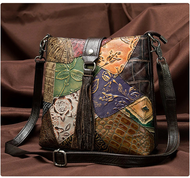 MAHEU Fashionable Women Shoulder Bag Ethnic Style Genuine Leather Crossbody Bags of Female Ladies Patchwork Leather Sling Bag