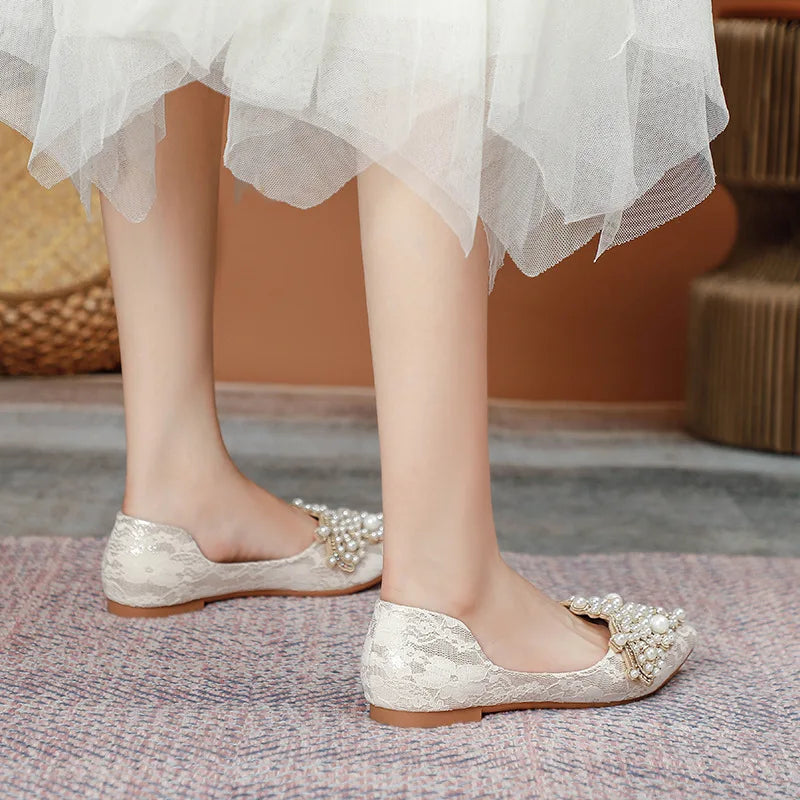 Designer Beads Wedding Shoes Women 2022 Lace Embroider Flats Woman Ballerina Pointed Toe Pearl Loafers Sneakers Plus Size 35-43