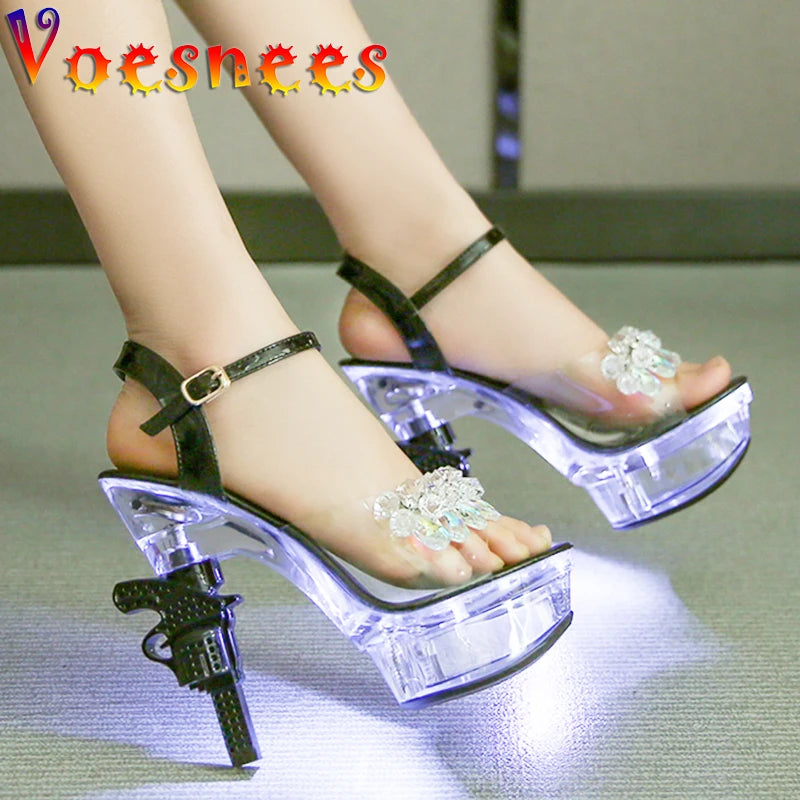 Voesnees Ultra-heeled Sandals LED Glowing Platform Women Shoes  Sexy Rhinestones Pistol High Heels Female Stiletto Wedding Shoes