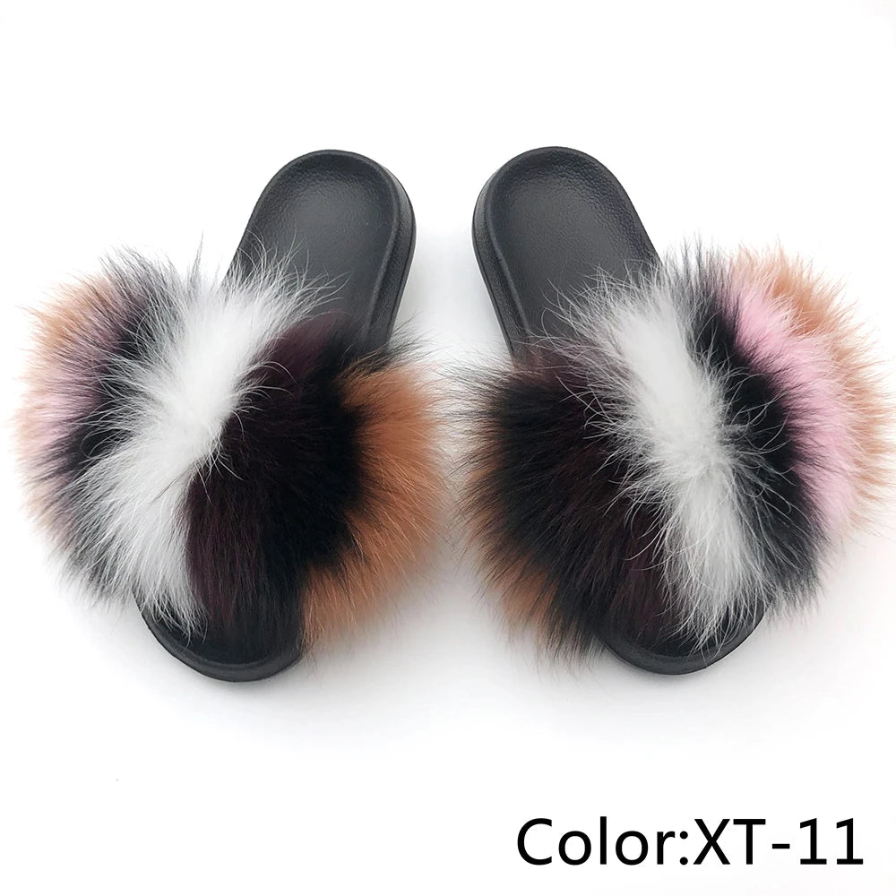SARSALLYA Fur Slippers Women Real Fox Fur Slides Home Furry Flat Sandals Female Cute Fluffy House Shoes Woman Brand Luxury 2024