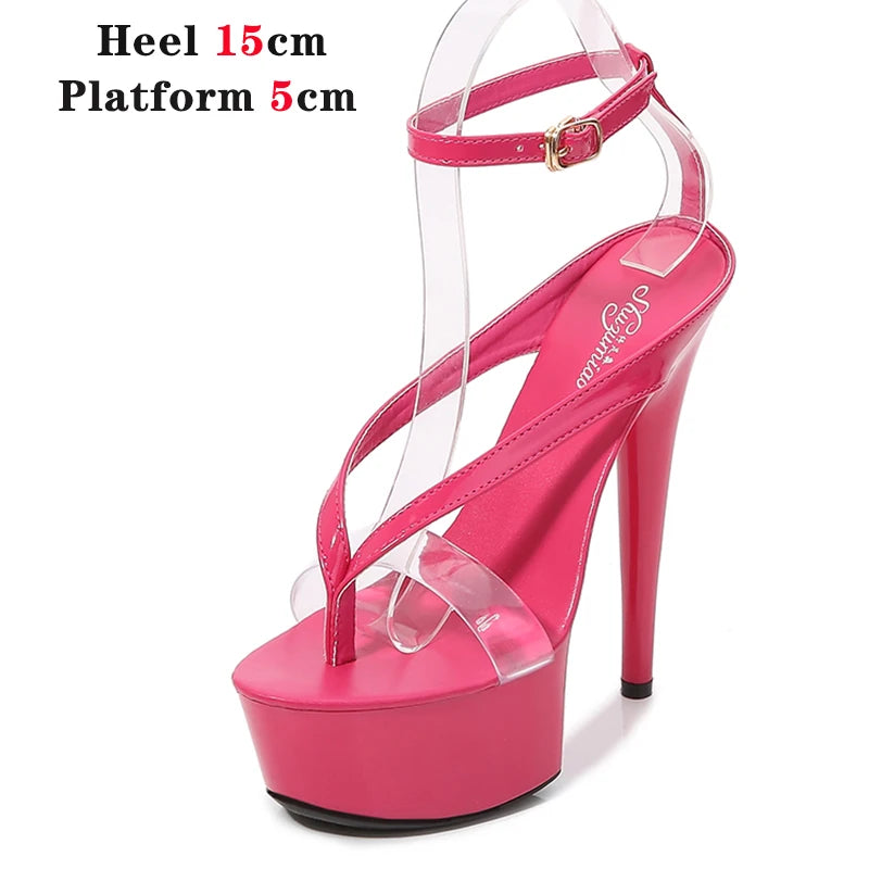 Walking Show Stripper Heels Clear Shoes Woman Platforms 15cm High Heels Sandals Women Sexy Fish Toe Wedding Shoes Flip Flops