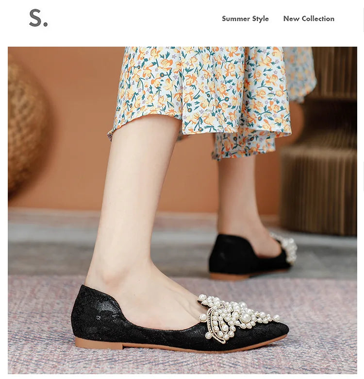 Designer Beads Wedding Shoes Women 2022 Lace Embroider Flats Woman Ballerina Pointed Toe Pearl Loafers Sneakers Plus Size 35-43
