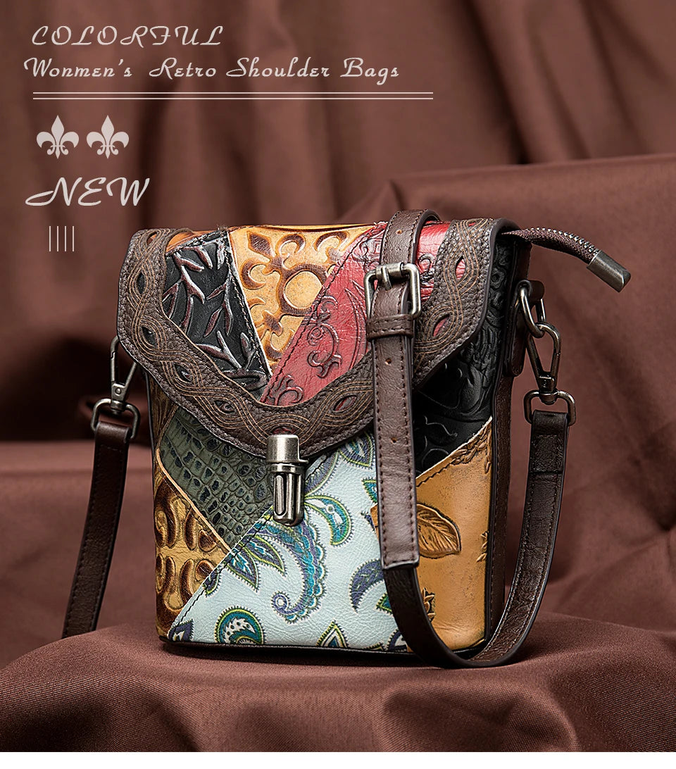 MAHEU Fashionable Women Shoulder Bag Ethnic Style Genuine Leather Crossbody Bags of Female Ladies Patchwork Leather Sling Bag