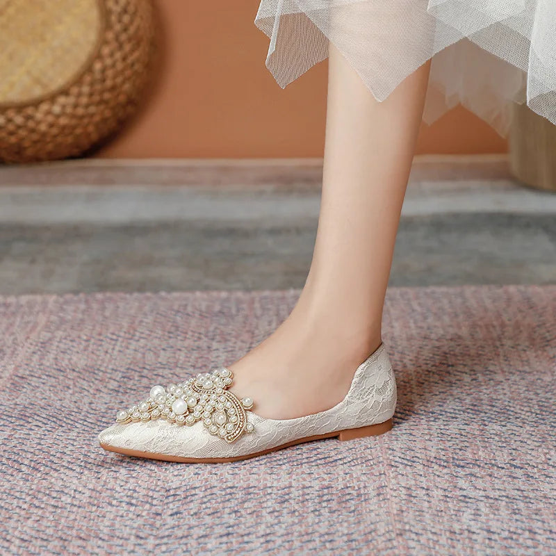 Designer Beads Wedding Shoes Women 2022 Lace Embroider Flats Woman Ballerina Pointed Toe Pearl Loafers Sneakers Plus Size 35-43