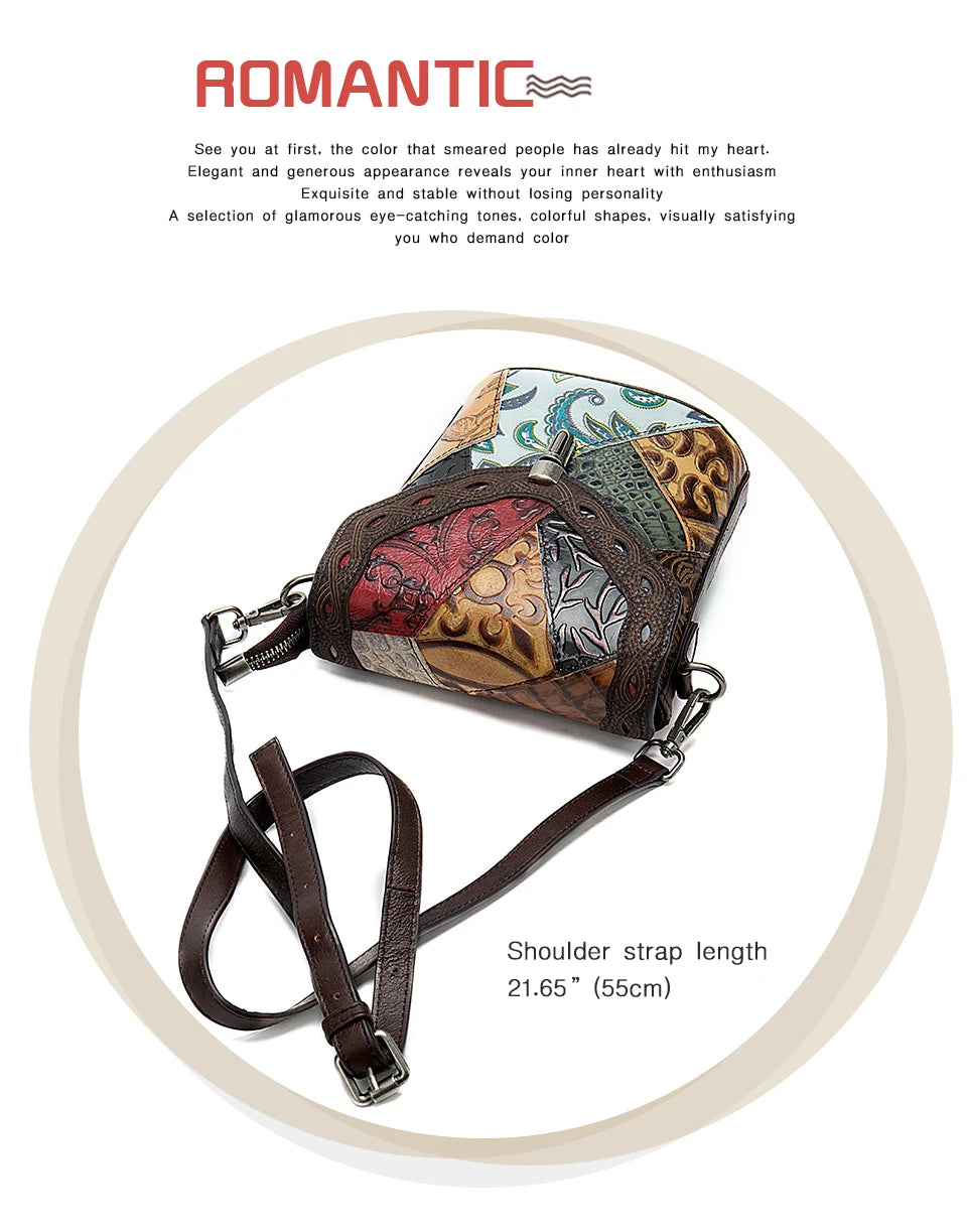 MAHEU Fashionable Women Shoulder Bag Ethnic Style Genuine Leather Crossbody Bags of Female Ladies Patchwork Leather Sling Bag