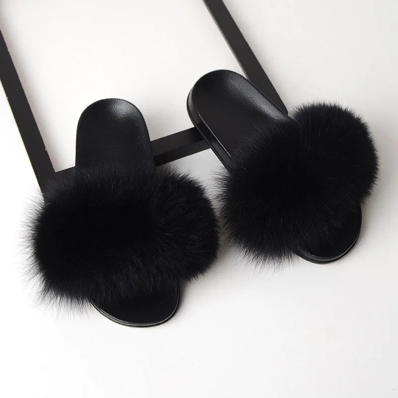 SARSALLYA Fur Slippers Women Real Fox Fur Slides Home Furry Flat Sandals Female Cute Fluffy House Shoes Woman Brand Luxury 2024
