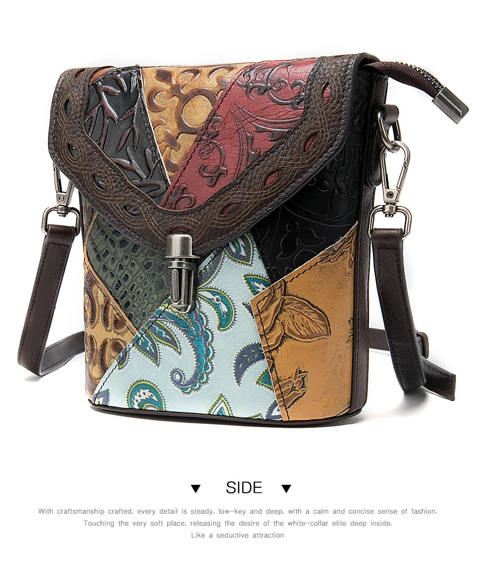 MAHEU Fashionable Women Shoulder Bag Ethnic Style Genuine Leather Crossbody Bags of Female Ladies Patchwork Leather Sling Bag