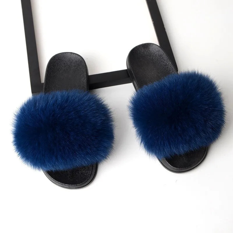 SARSALLYA Fur Slippers Women Real Fox Fur Slides Home Furry Flat Sandals Female Cute Fluffy House Shoes Woman Brand Luxury 2024