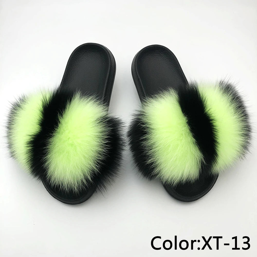 SARSALLYA Fur Slippers Women Real Fox Fur Slides Home Furry Flat Sandals Female Cute Fluffy House Shoes Woman Brand Luxury 2024