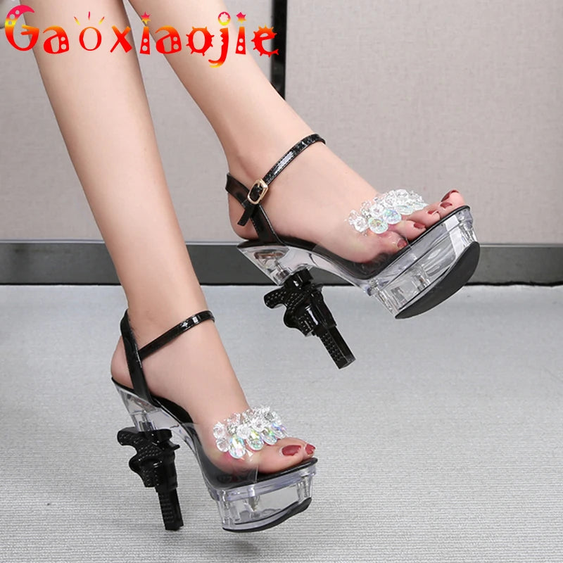 Voesnees Ultra-heeled Sandals LED Glowing Platform Women Shoes  Sexy Rhinestones Pistol High Heels Female Stiletto Wedding Shoes