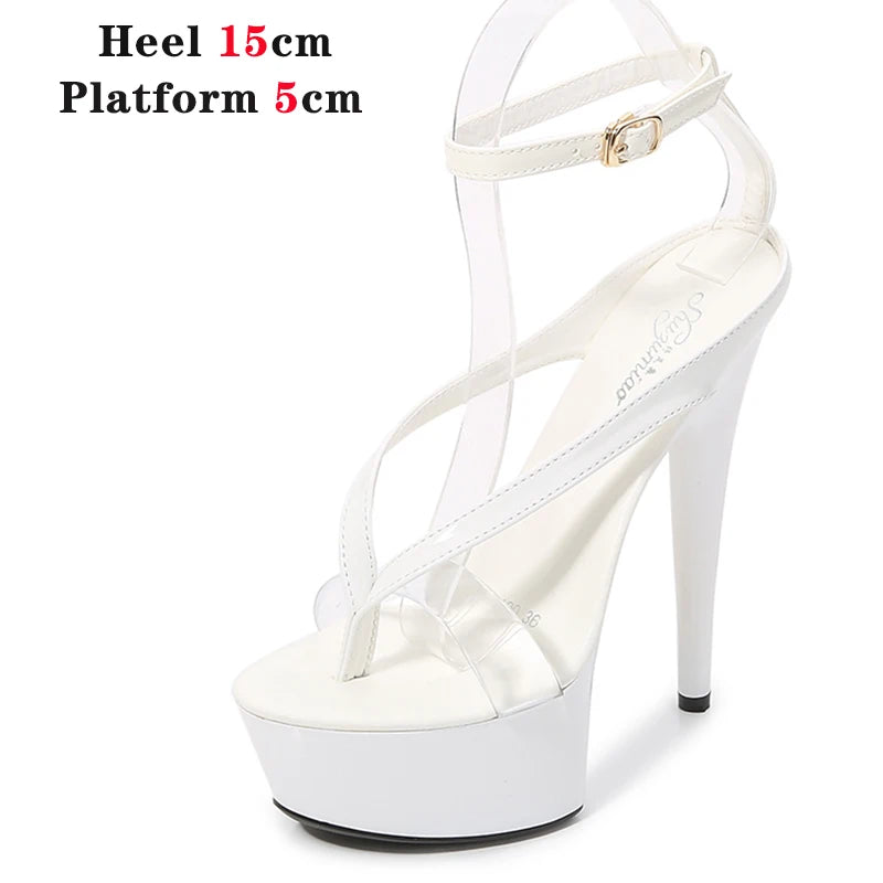 Walking Show Stripper Heels Clear Shoes Woman Platforms 15cm High Heels Sandals Women Sexy Fish Toe Wedding Shoes Flip Flops