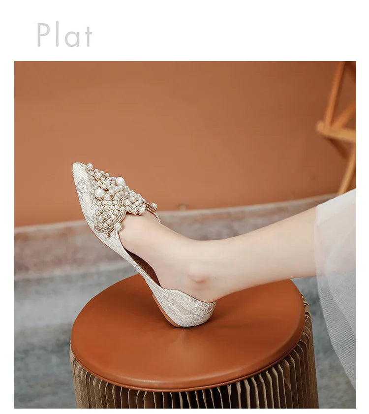 Designer Beads Wedding Shoes Women 2022 Lace Embroider Flats Woman Ballerina Pointed Toe Pearl Loafers Sneakers Plus Size 35-43