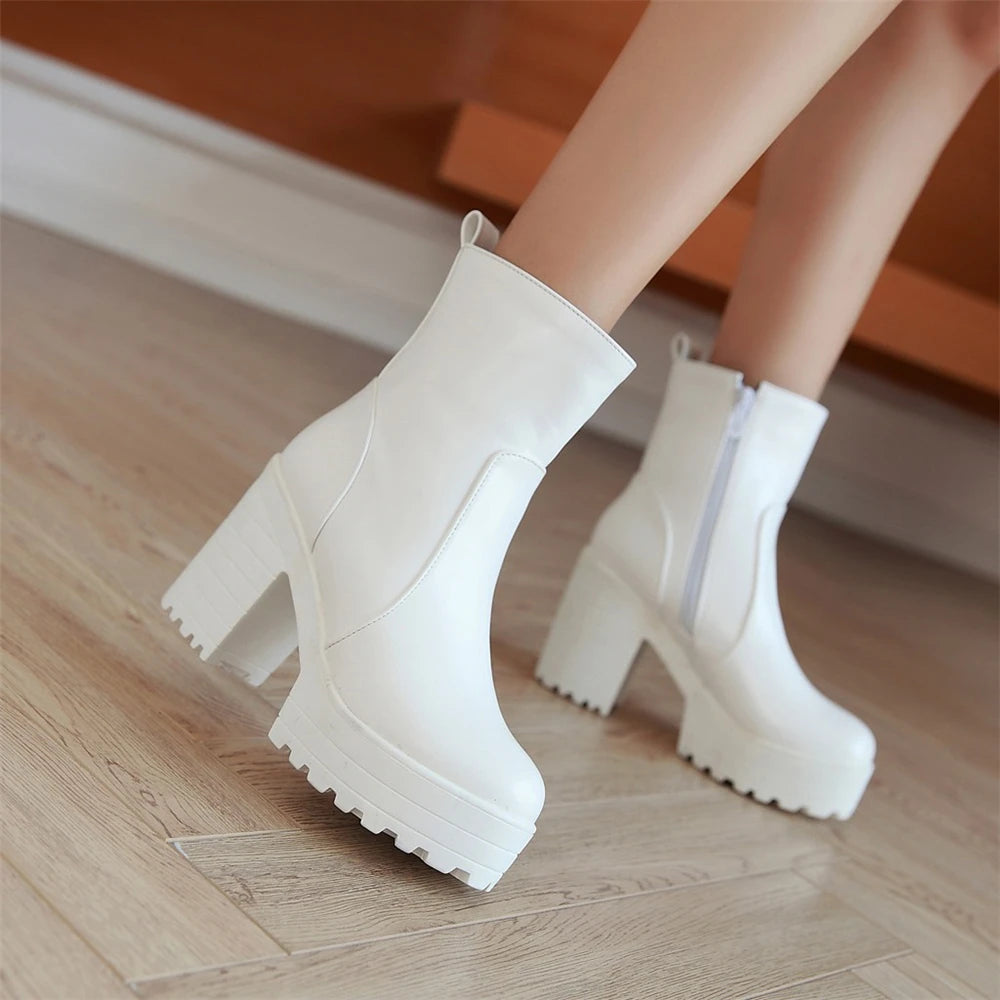 Western Fashion Booties Round Toe Zipper Women's Shoes Super High Thick Heel Ankle Boots Womens Platform Heels Lady Footwear