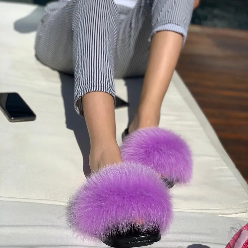 SARSALLYA Fur Slippers Women Real Fox Fur Slides Home Furry Flat Sandals Female Cute Fluffy House Shoes Woman Brand Luxury 2024