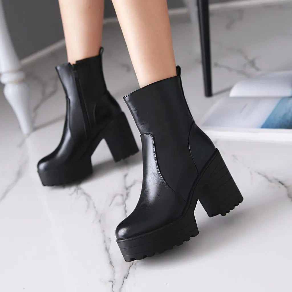 Western Fashion Booties Round Toe Zipper Women's Shoes Super High Thick Heel Ankle Boots Womens Platform Heels Lady Footwear