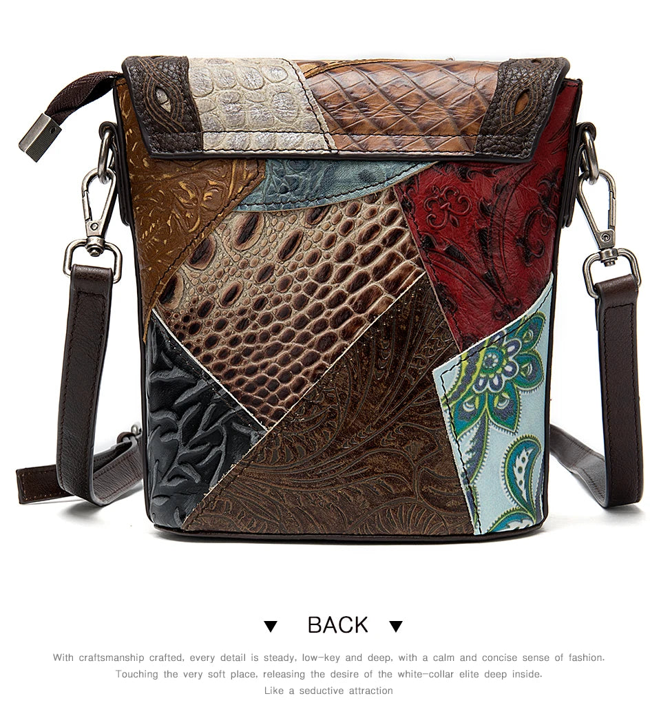 MAHEU Fashionable Women Shoulder Bag Ethnic Style Genuine Leather Crossbody Bags of Female Ladies Patchwork Leather Sling Bag