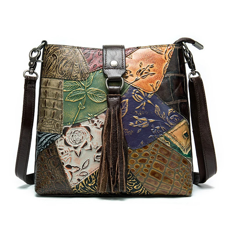 MAHEU Fashionable Women Shoulder Bag Ethnic Style Genuine Leather Crossbody Bags of Female Ladies Patchwork Leather Sling Bag