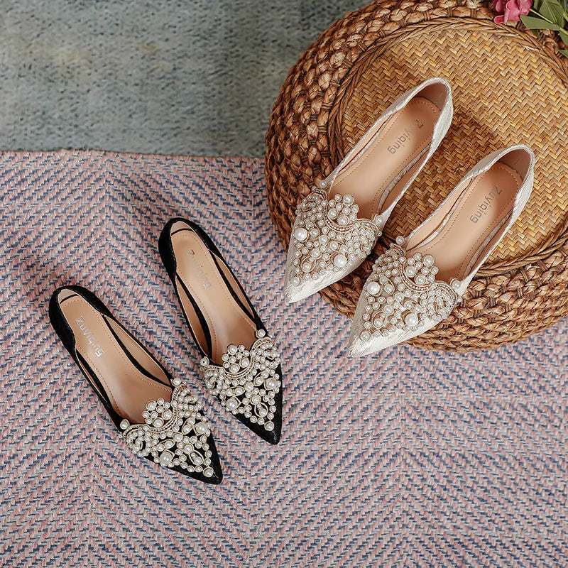Designer Beads Wedding Shoes Women 2022 Lace Embroider Flats Woman Ballerina Pointed Toe Pearl Loafers Sneakers Plus Size 35-43
