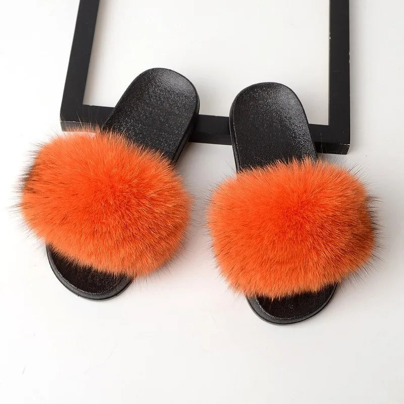 SARSALLYA Fur Slippers Women Real Fox Fur Slides Home Furry Flat Sandals Female Cute Fluffy House Shoes Woman Brand Luxury 2024