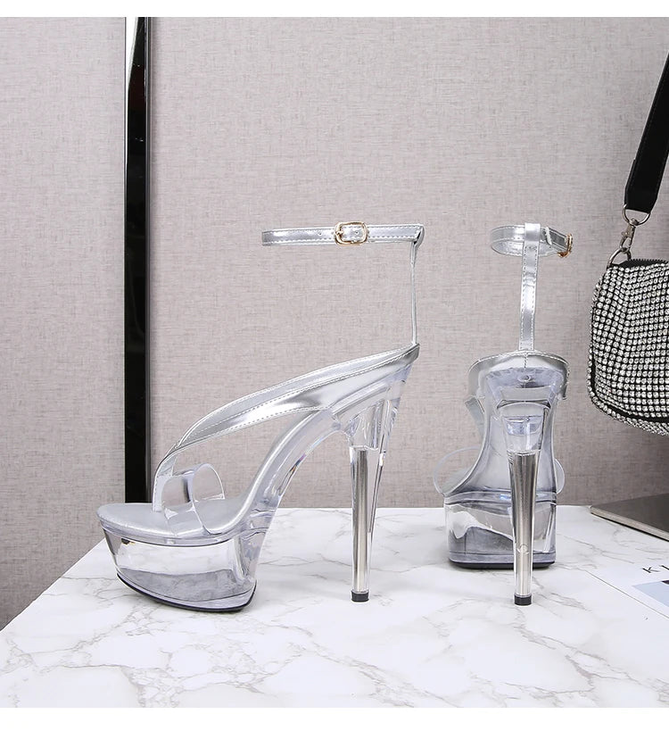 Walking Show Stripper Heels Clear Shoes Woman Platforms 15cm High Heels Sandals Women Sexy Fish Toe Wedding Shoes Flip Flops