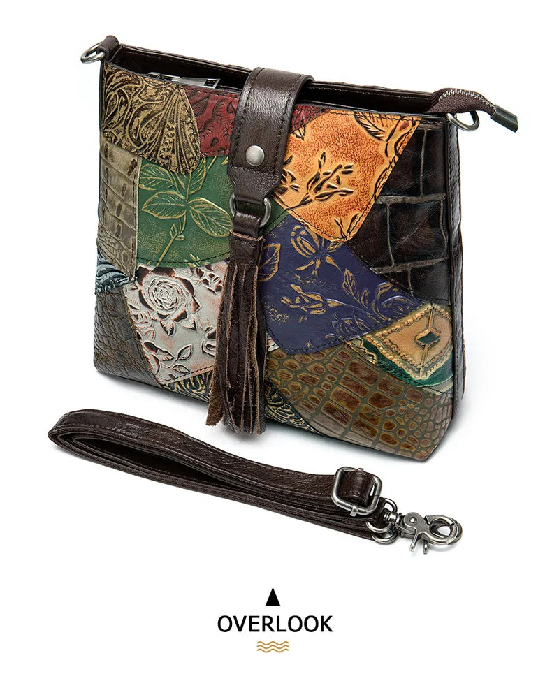 MAHEU Fashionable Women Shoulder Bag Ethnic Style Genuine Leather Crossbody Bags of Female Ladies Patchwork Leather Sling Bag