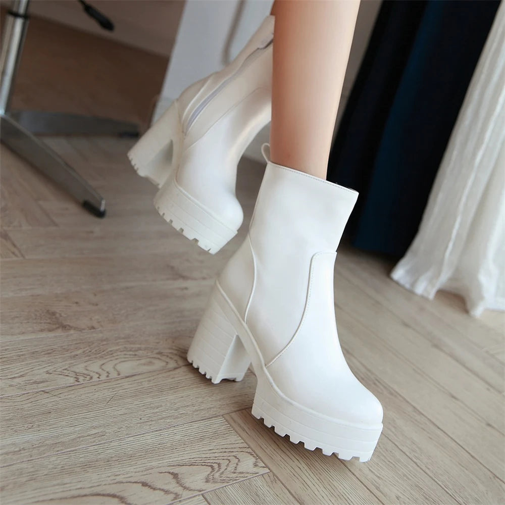 Western Fashion Booties Round Toe Zipper Women's Shoes Super High Thick Heel Ankle Boots Womens Platform Heels Lady Footwear