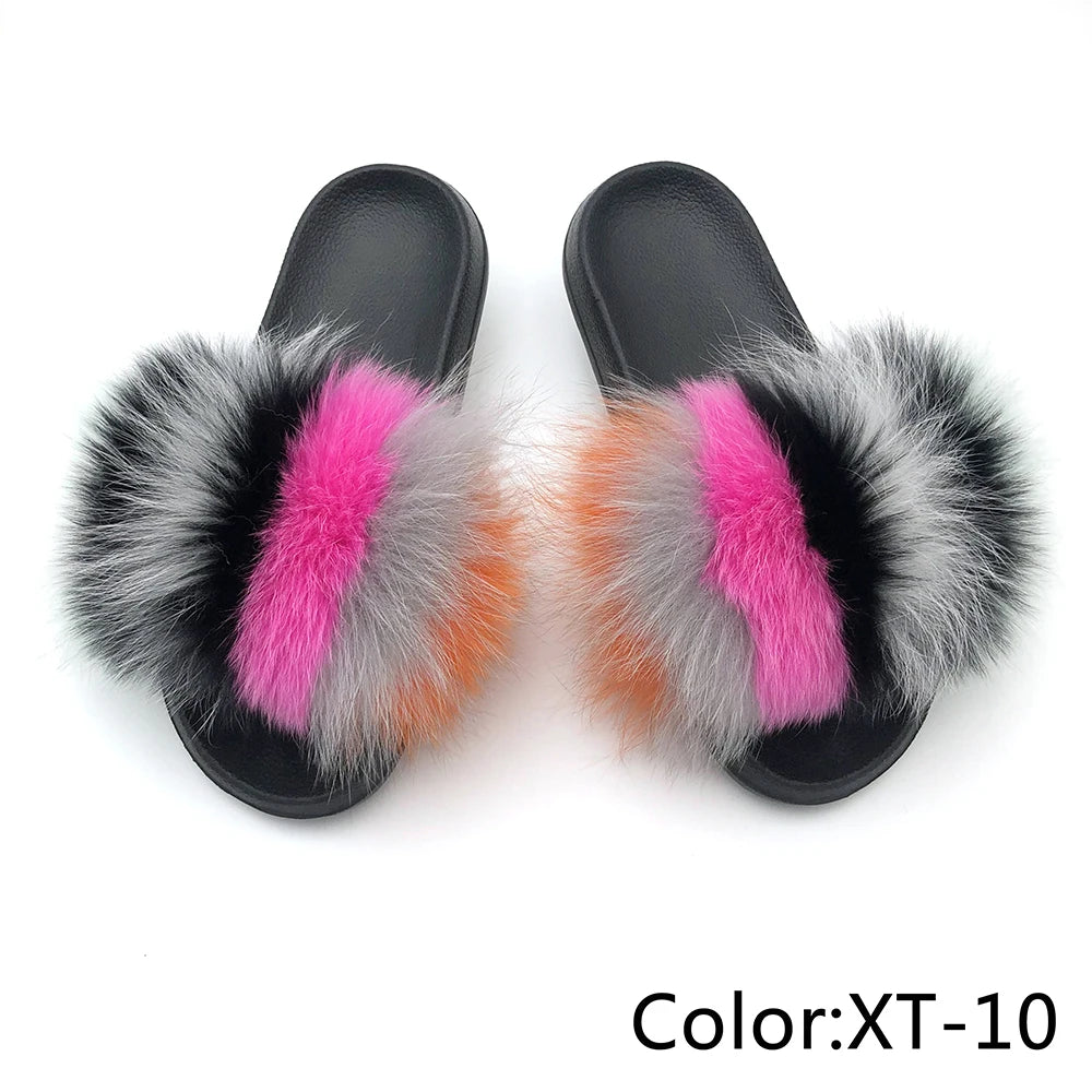 SARSALLYA Fur Slippers Women Real Fox Fur Slides Home Furry Flat Sandals Female Cute Fluffy House Shoes Woman Brand Luxury 2024