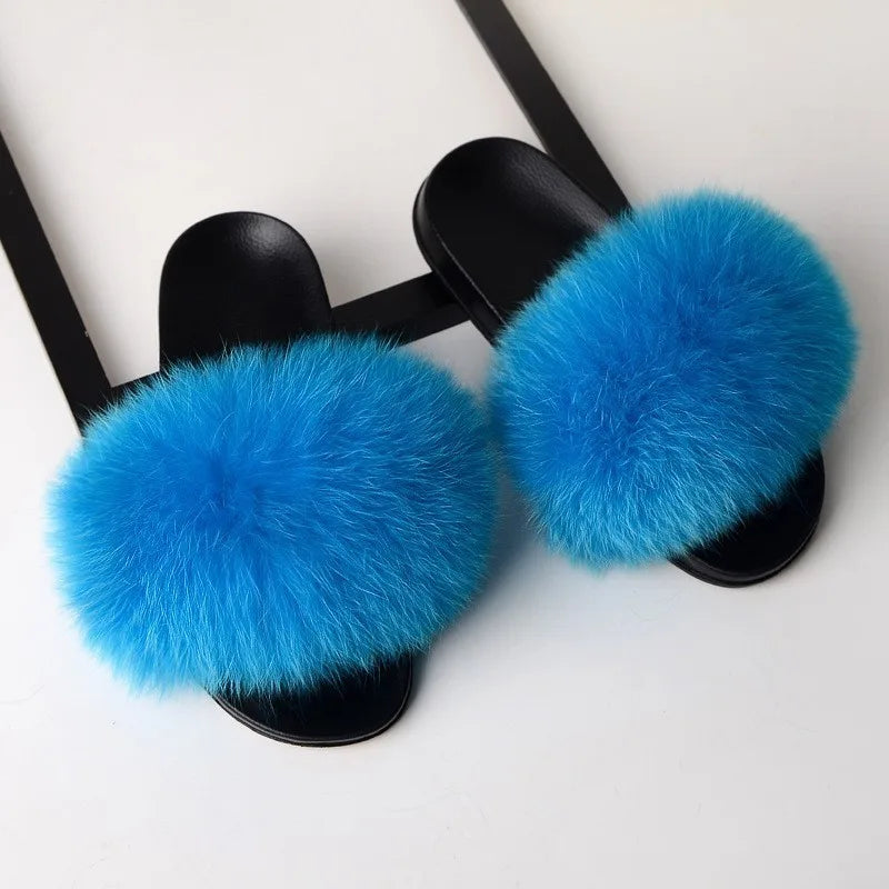 SARSALLYA Fur Slippers Women Real Fox Fur Slides Home Furry Flat Sandals Female Cute Fluffy House Shoes Woman Brand Luxury 2024