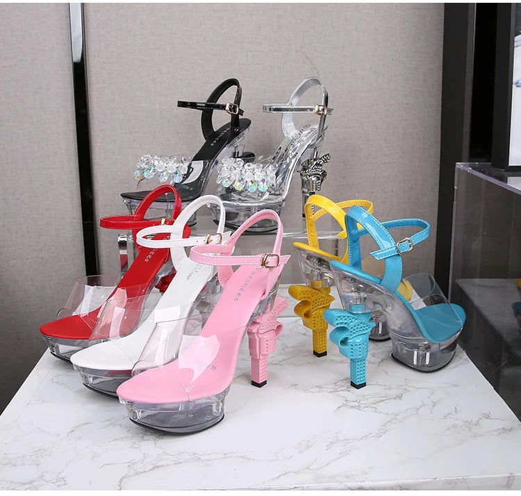 Voesnees Ultra-heeled Sandals LED Glowing Platform Women Shoes  Sexy Rhinestones Pistol High Heels Female Stiletto Wedding Shoes
