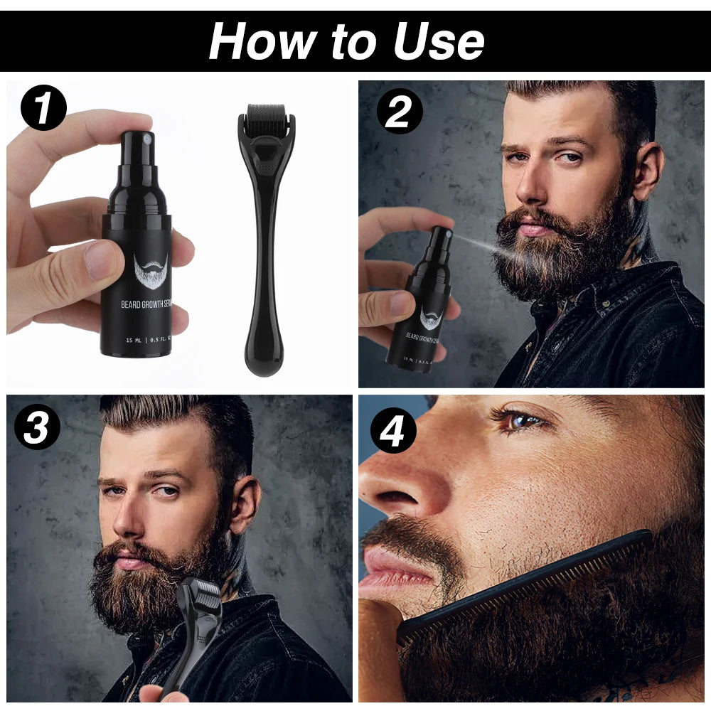 4Pcs/set Men Beard Growth Kit Professional Hair Growth Enhancer Set Beard Care Nourishing with Beard Growth Roller Massage Comb