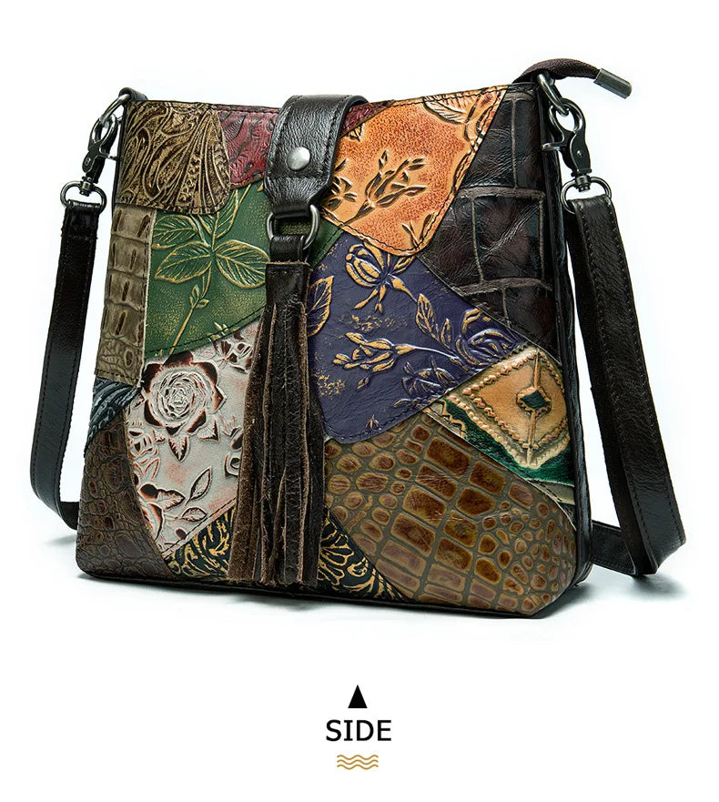 MAHEU Fashionable Women Shoulder Bag Ethnic Style Genuine Leather Crossbody Bags of Female Ladies Patchwork Leather Sling Bag