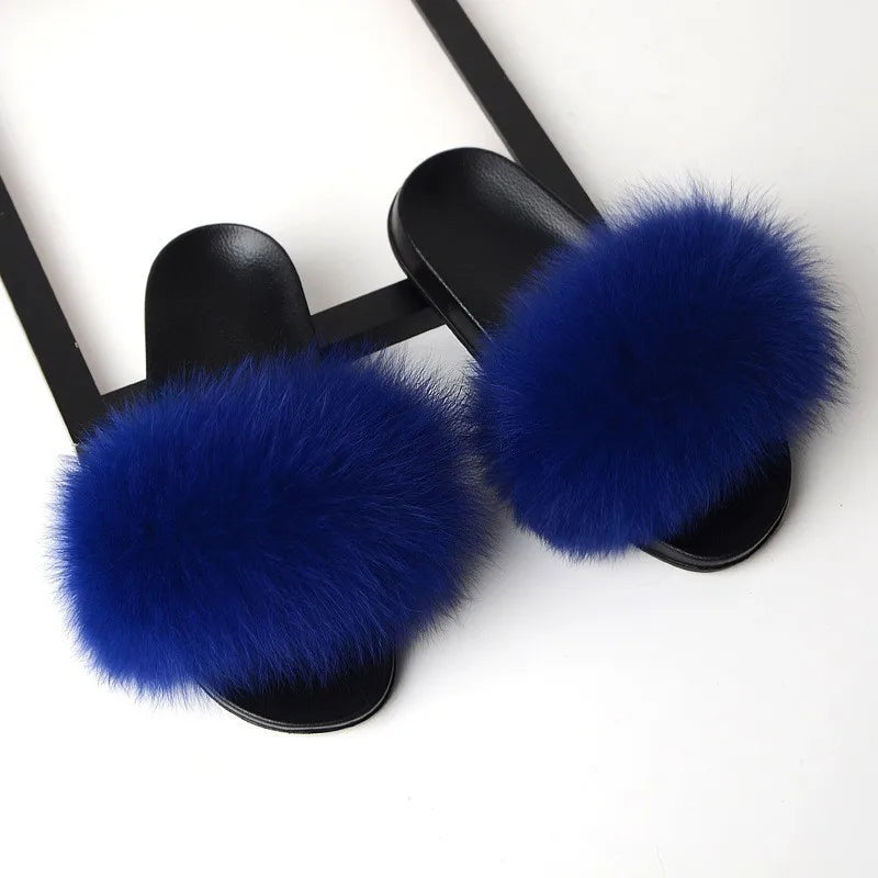 SARSALLYA Fur Slippers Women Real Fox Fur Slides Home Furry Flat Sandals Female Cute Fluffy House Shoes Woman Brand Luxury 2024