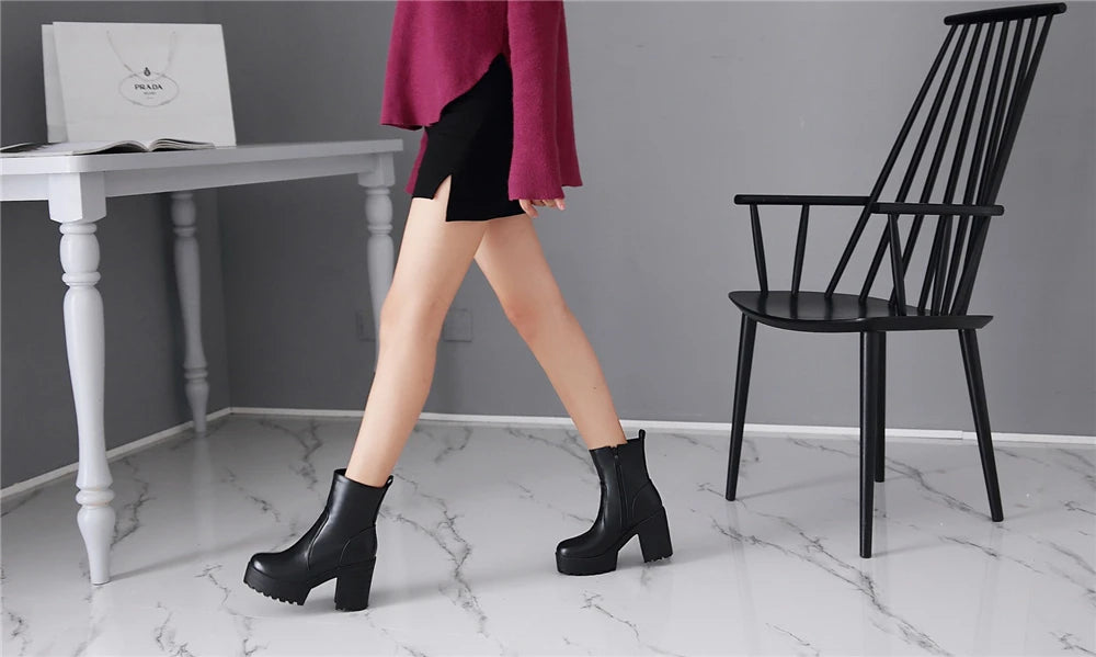Western Fashion Booties Round Toe Zipper Women's Shoes Super High Thick Heel Ankle Boots Womens Platform Heels Lady Footwear