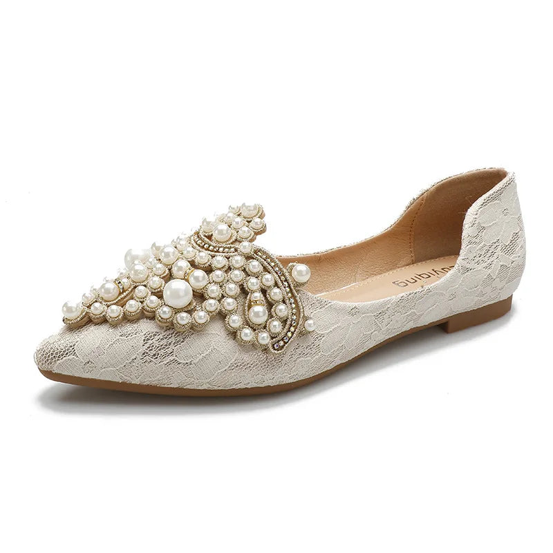 Designer Beads Wedding Shoes Women 2022 Lace Embroider Flats Woman Ballerina Pointed Toe Pearl Loafers Sneakers Plus Size 35-43