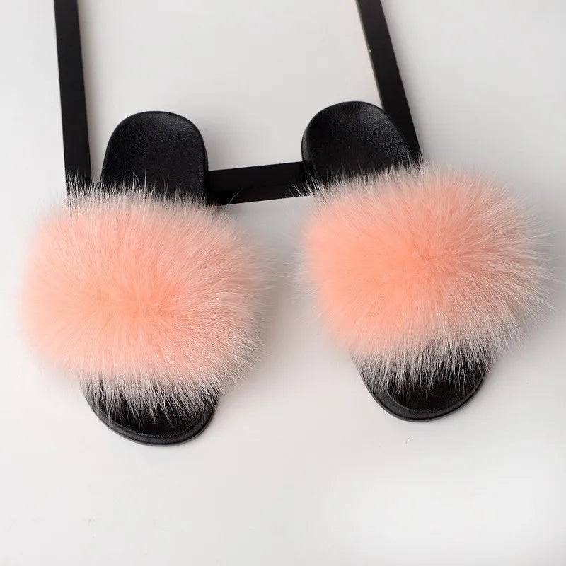 SARSALLYA Fur Slippers Women Real Fox Fur Slides Home Furry Flat Sandals Female Cute Fluffy House Shoes Woman Brand Luxury 2024