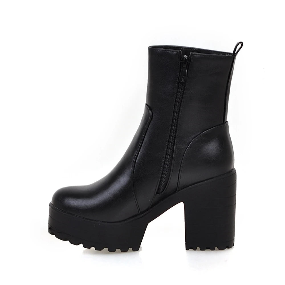 Western Fashion Booties Round Toe Zipper Women's Shoes Super High Thick Heel Ankle Boots Womens Platform Heels Lady Footwear