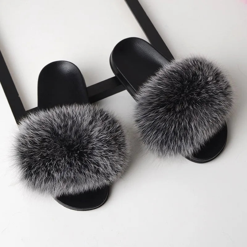 SARSALLYA Fur Slippers Women Real Fox Fur Slides Home Furry Flat Sandals Female Cute Fluffy House Shoes Woman Brand Luxury 2024