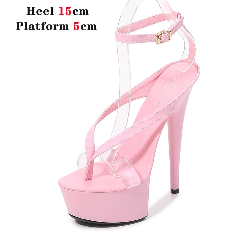 Walking Show Stripper Heels Clear Shoes Woman Platforms 15cm High Heels Sandals Women Sexy Fish Toe Wedding Shoes Flip Flops