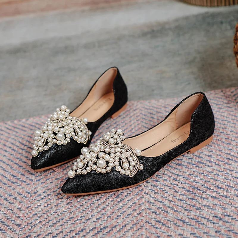 Designer Beads Wedding Shoes Women 2022 Lace Embroider Flats Woman Ballerina Pointed Toe Pearl Loafers Sneakers Plus Size 35-43