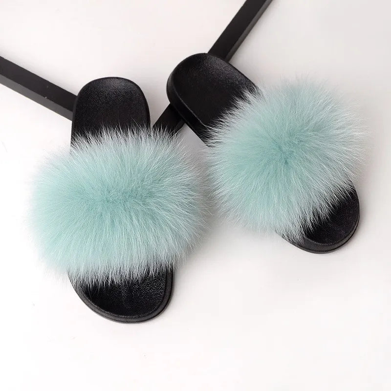 SARSALLYA Fur Slippers Women Real Fox Fur Slides Home Furry Flat Sandals Female Cute Fluffy House Shoes Woman Brand Luxury 2024