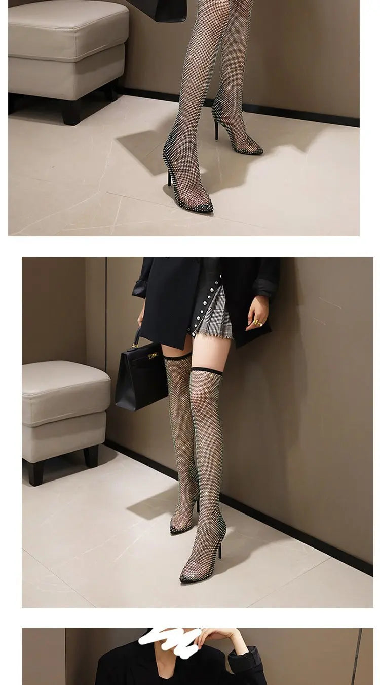 2021 Hot Nightclub Crystal Bling Summer Breathable Pointed Toe Super stiletto High Heels rhinestone gladiator boot