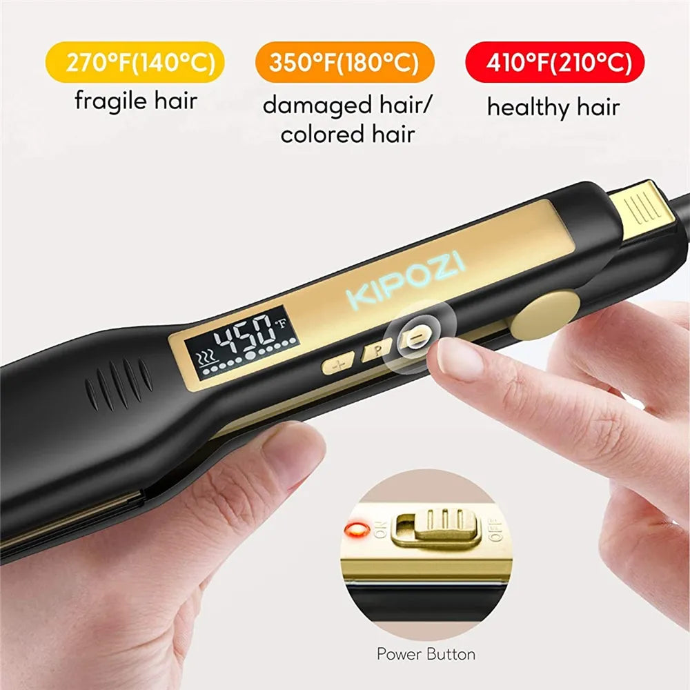 KIPOZI Professional Titanium Flat Iron Hair Straightener with Digital LCD Display Dual Voltage Instant Heating Curling Iron