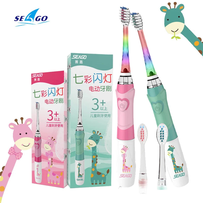 Seago Electric Toothbrush For Kids Colorful LED Flashlight 16000 Strokes Frequency Dupont Bristle 2 Heads Time Sonic Vibration